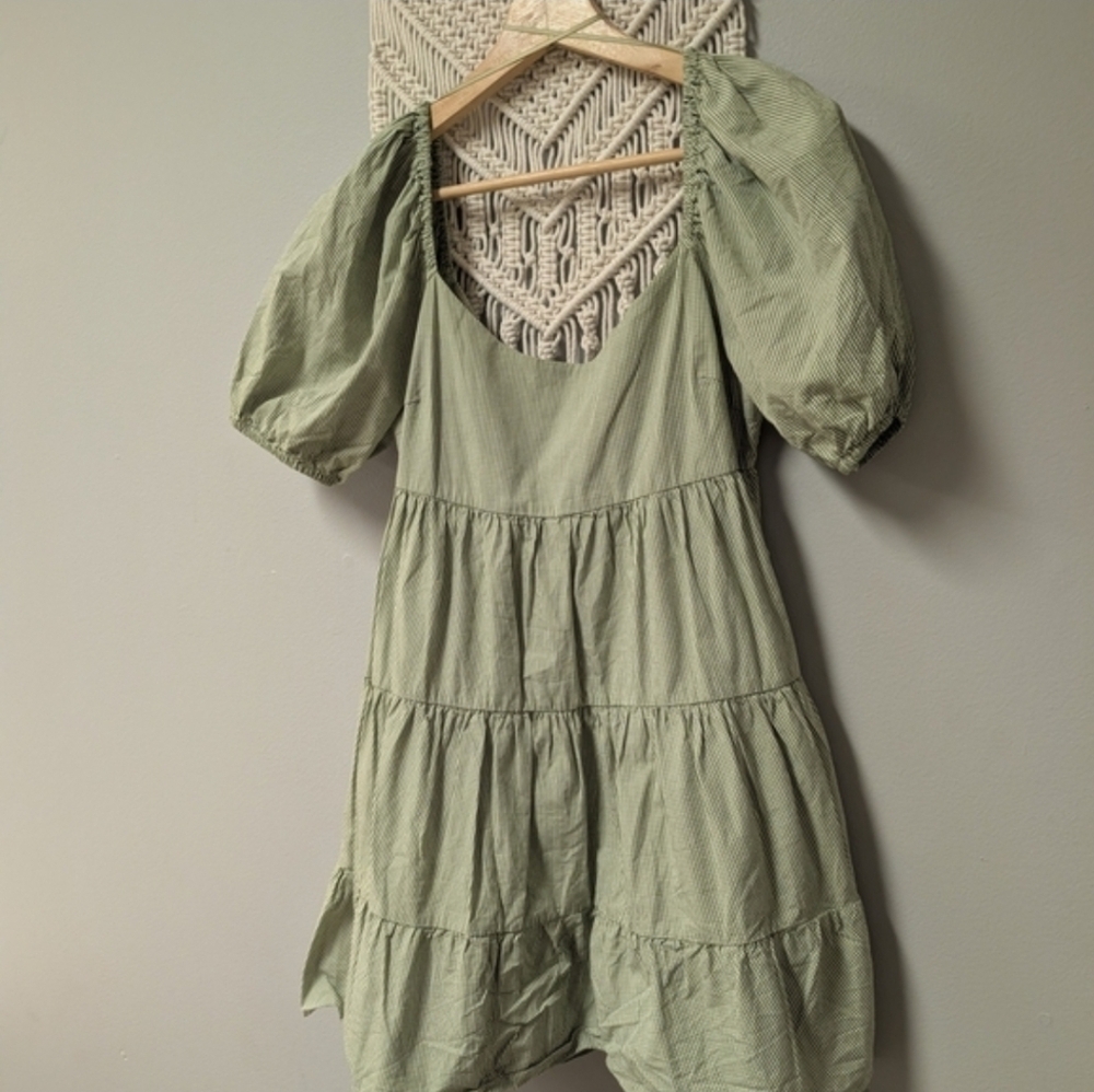 Nia Green Checkered Gingham Cotton Puff Sleeve Tiered Dress Medium Cottagecore